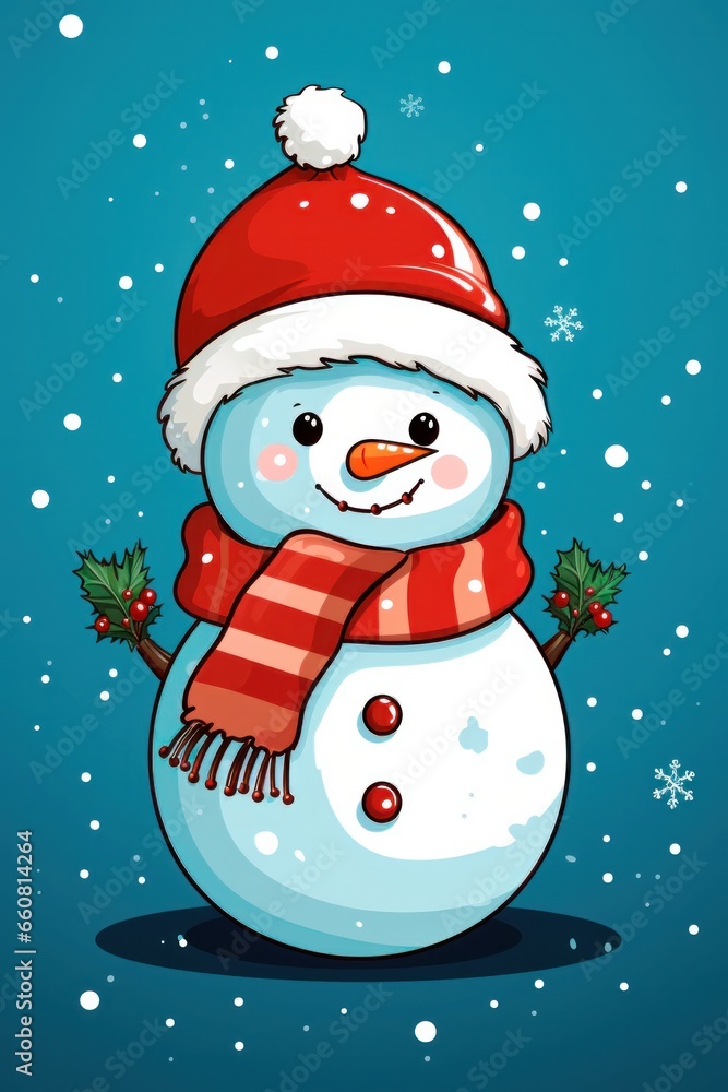 Winter holiday background with a snowman in a hat and scarf. Greeting card. Concept of New Year and Christmas holidays.