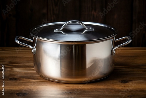 A pot made of stainless steel that is open for cooking. Generative AI