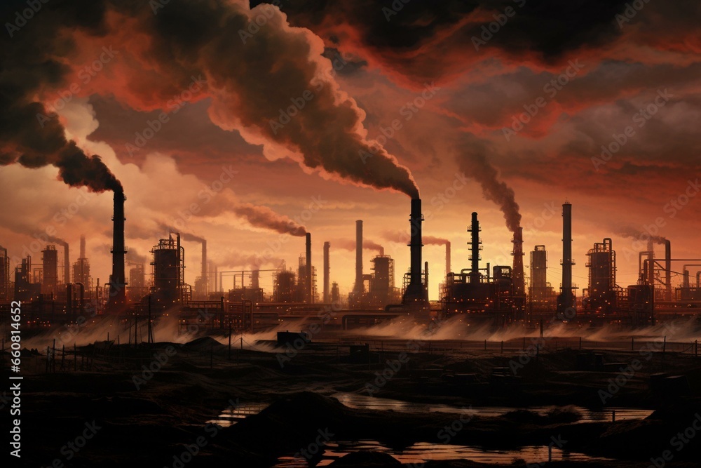 Smokestacks, emissions from industrial complex. Generative AI