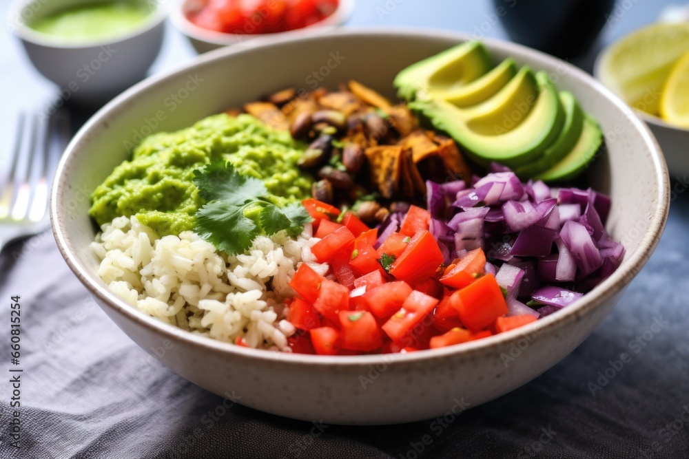 close up on a burrito bowl with guacamole, beans, and rice close up on a burrito bowl with guacamole, beans, and rice