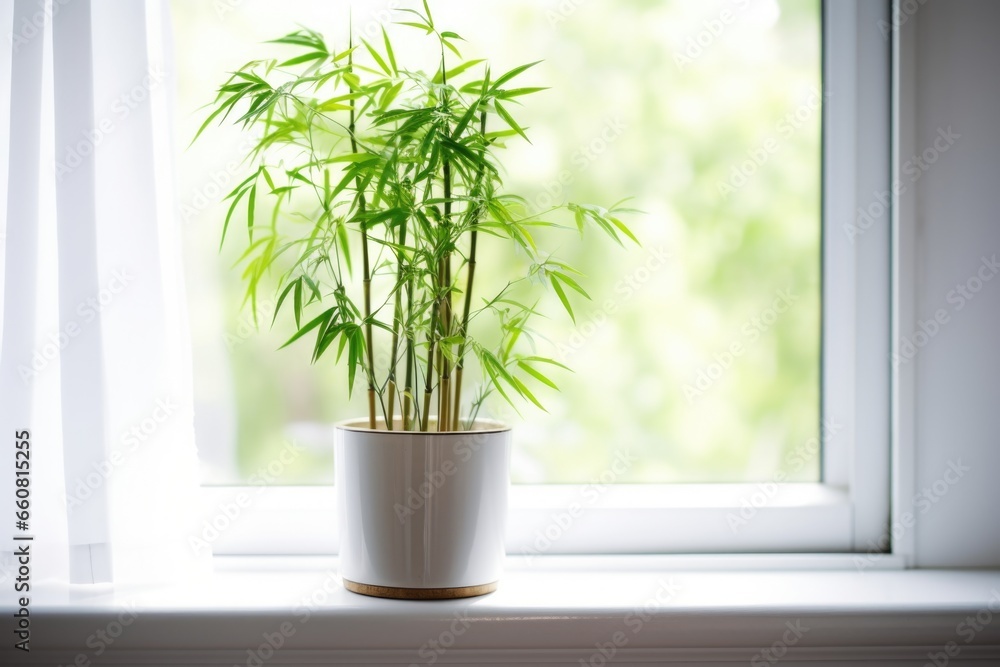 pot of bamboo on a bare, white window sill pot of bamboo on a bare, white window sill