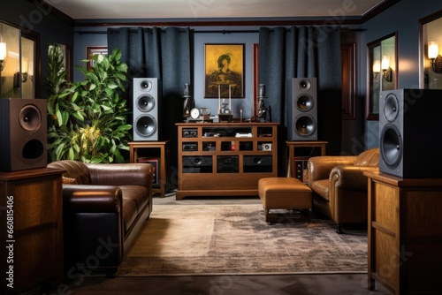 Wallpaper Mural high-end speaker system integrated within a wooden home theater setup Torontodigital.ca