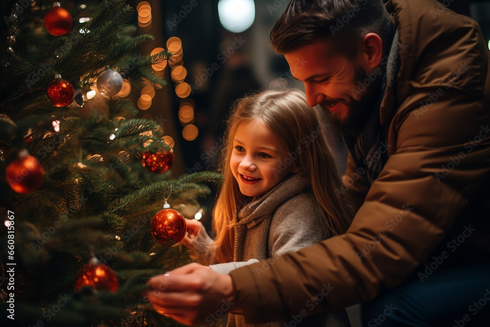 Happy family is decorating a Christmas tree at home Happy family is decorating a Christmas tree at home