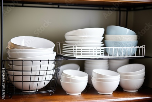 white ceramic bowls in a wire rack