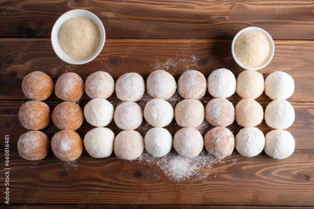 sugar donuts neatly arranged on a wooden table sugar donuts neatly arranged on a wooden table