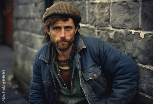 1980s photography, portrait of an young Caucasian bearded man with moustache leaning on a wall in the quiet alley
