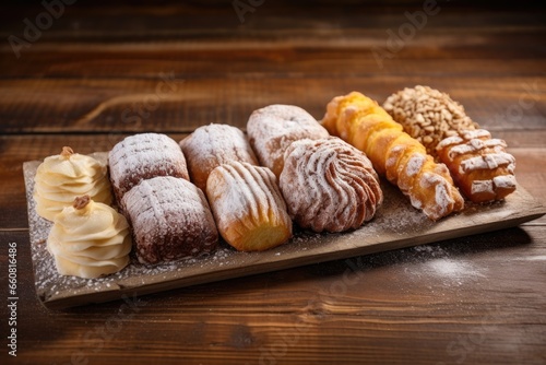 an assortment of sugar dusted pastries on a rustic wooden background