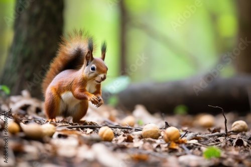 a squirrel gathering nuts in a forest