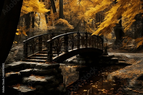 A bridge over a stream in a leafy forest with fallen yellow foliage and stairs. Generative AI