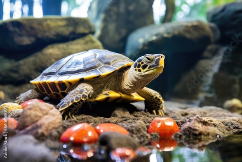 a turtle basking on a heat rock in a terrarium
