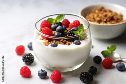 a bowl of yogurt topped with granola and berries