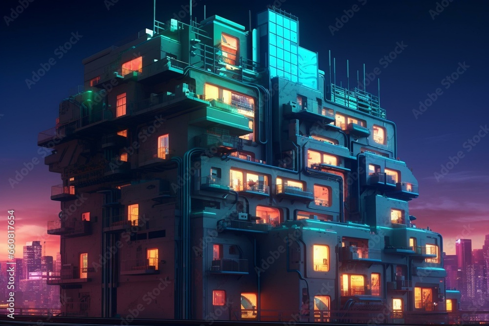 Futuristic apartment building overlooks desolate cityscape, illuminated by neon lights and shadows. Generative AI - obrazy, fototapety, plakaty 