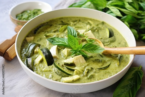 thai green curry in a white bowl with a spoon