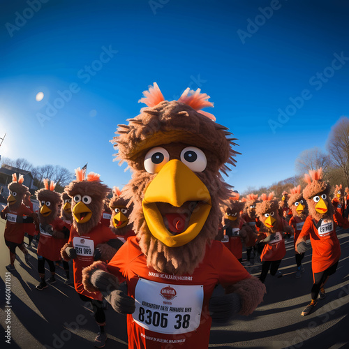 Photo of a Thanksgiving charity run, featuring runners dressed in turkey costumes, captured with a wide-angle lens for a fun perspective Generative AI