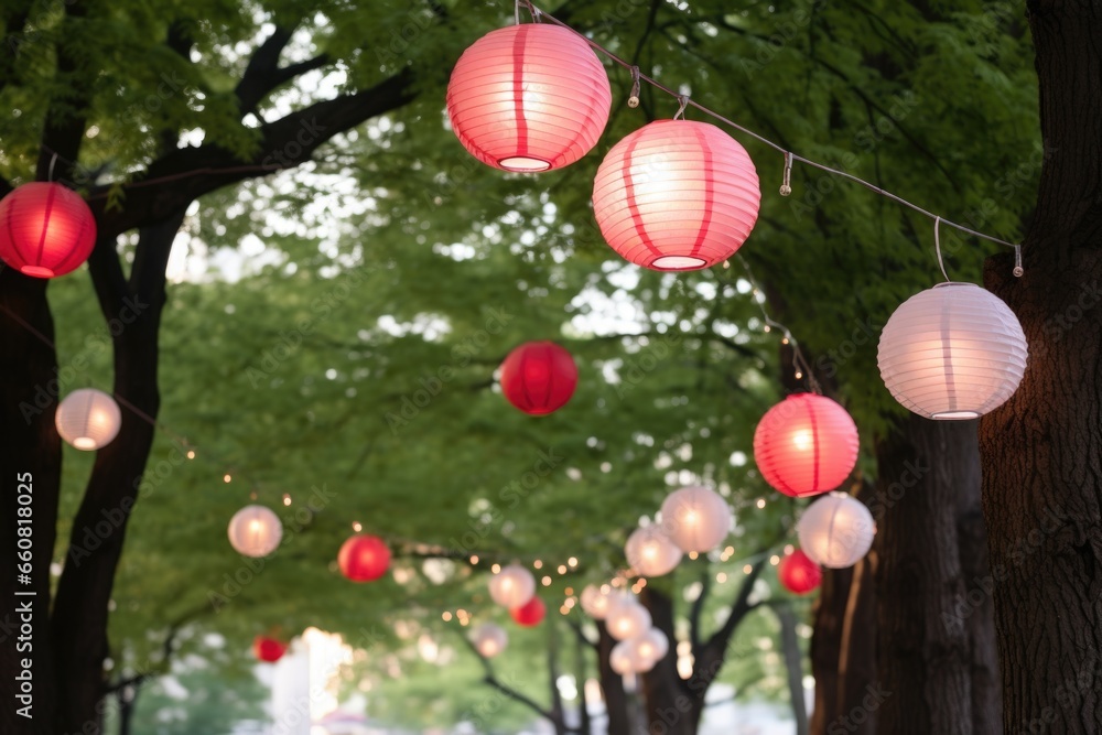 Fototapeta premium round paper lanterns hanging from trees in a park