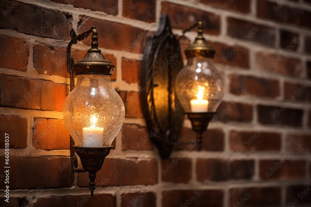 close-up of vintage wall sconce details against a brick wall