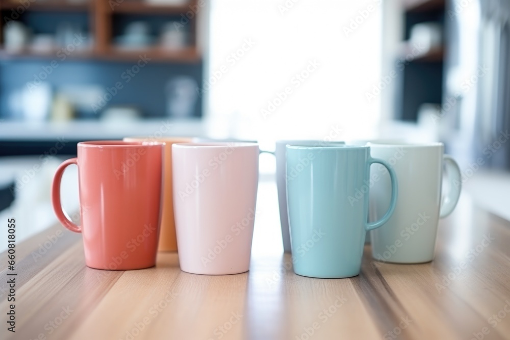 matching coffee mugs separated by a table