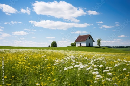 a rural chapel surrounded by a flower-filled field