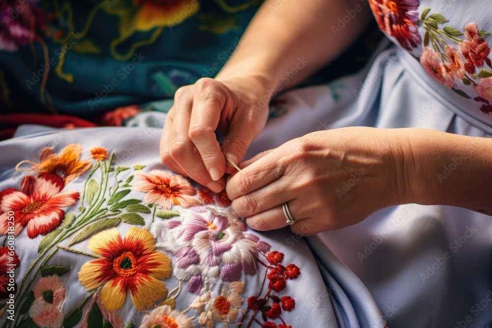Women's hands knit a blanket. Ethno style. Handmade. Traditional knitting. Women's hands knit a blanket. Ethno style. Handmade. Traditional knitting.