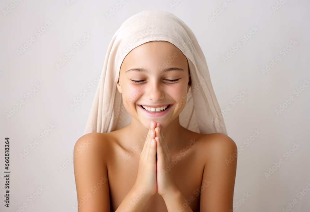 A bald shirtless little girl cover her head with white light fabrics praying gestures content with smile A bald shirtless little girl cover her head with white light fabrics praying gestures content with smile