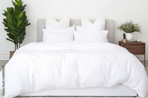 layered white-on-white bedding on a minimalist bed