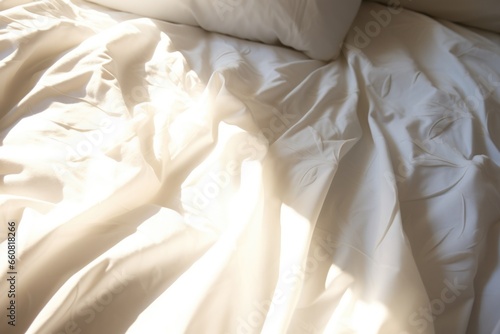 sunlight casting soft shadows on a pure white bedspread photo