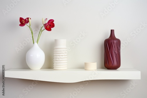visual of white floating shelves with matching ceramics