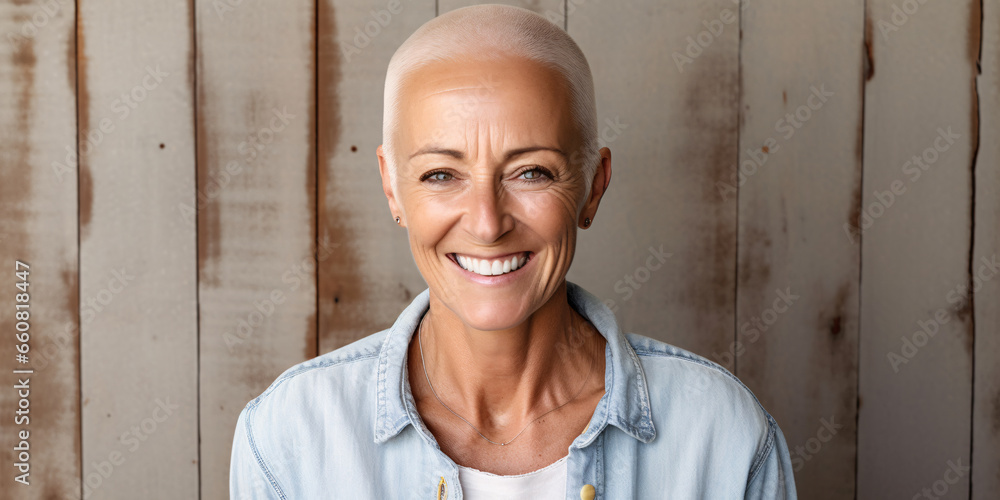A bald senior caucasian woman with a shaved head with short hair ...