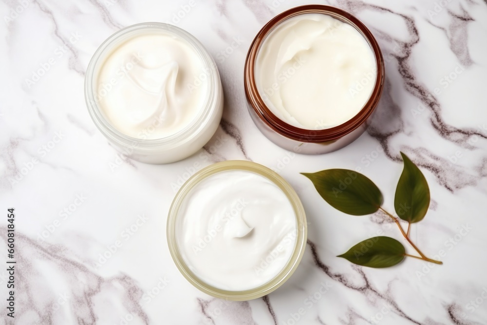close-up of cleanser creams on a marble surface