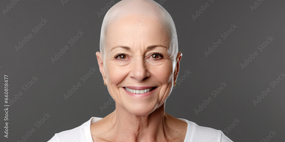 A bald senior caucasian woman with a shaved head and no hair smiling, wearing white top standing in studio with light grey background A bald senior caucasian woman with a shaved head and no hair smiling, wearing white top standing in studio with light grey background