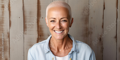 A bald senior caucasian woman with a shaved head with short hair smiling, wearing white top with blue jean jacket standing in front of wooden panel background photo