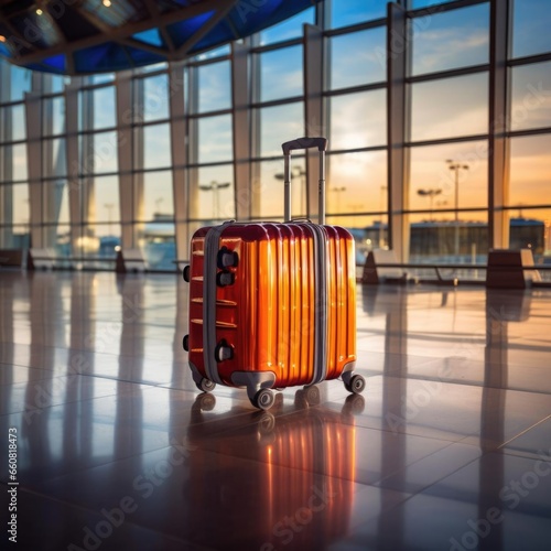 Suitcase in an empty airport hall, traveler cases in the departure airport terminal waiting for the area, vacation concept