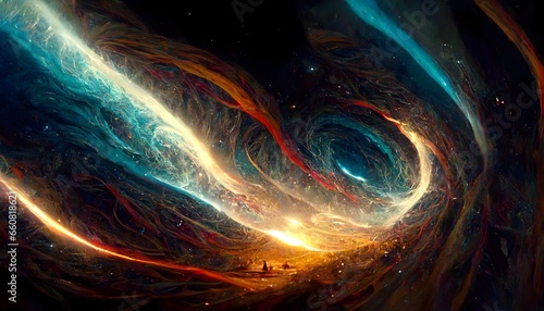 narrow winding band of continuous colorful cosmic energy in deep space stars mix of warm and cool hues thick bands weaving together strands of luminous gasses blowing off of wave galaxy nebula 
