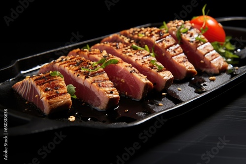 seared tuna slices on a black ceramic platter