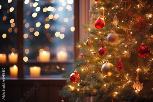 christmas tree illuminated with warm lights and red baubles