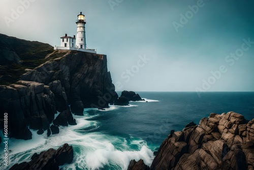 A historic lighthouse standing tall on a rocky cliff overlooking the ocean.