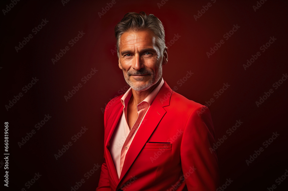 Photo of mature male in red suit over red background