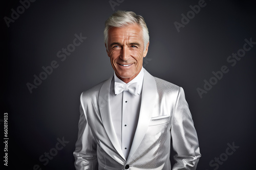 Photo of elegant senior male in suit over background