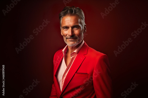 Photo of mature male in red suit over red background