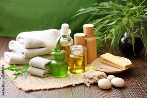 group of organic skincare products on bamboo mat
