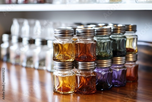 stack of glass spice jars on a pantry shelf