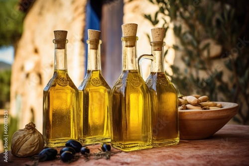 corked glass bottles of olive oil