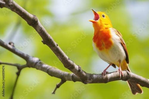 a close-up of a bird singing on a tree branch