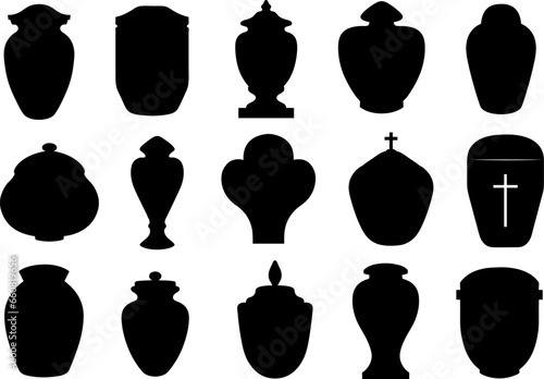 Collection of different funeral cremation urns isolated on white