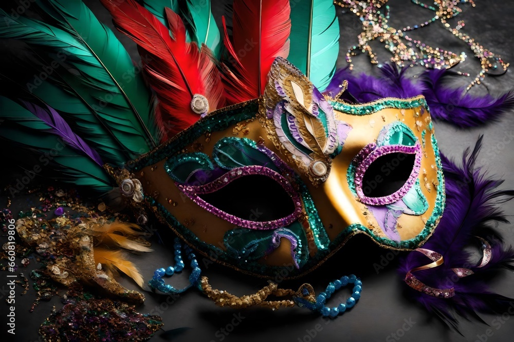 A festive Mardi Gras mask adorned with feathers and sequins