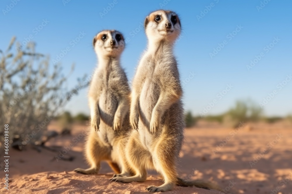 Fototapeta premium pair of meerkats standing upright and alert in the desert