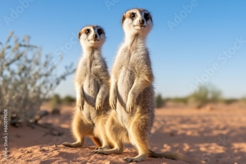 pair of meerkats standing upright and alert in the desert