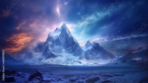 Beautiful shot of snow covered mountain under polar light, generated by AI © Resi