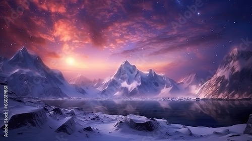 Beautiful shot of snow covered mountain under polar light, generated by AI