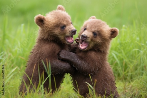 twin brown bear cubs playfully wrestling in a grassy field